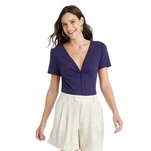NEW A New Day Twist Neckline V-Neck Linen Blend Shirt Size Small